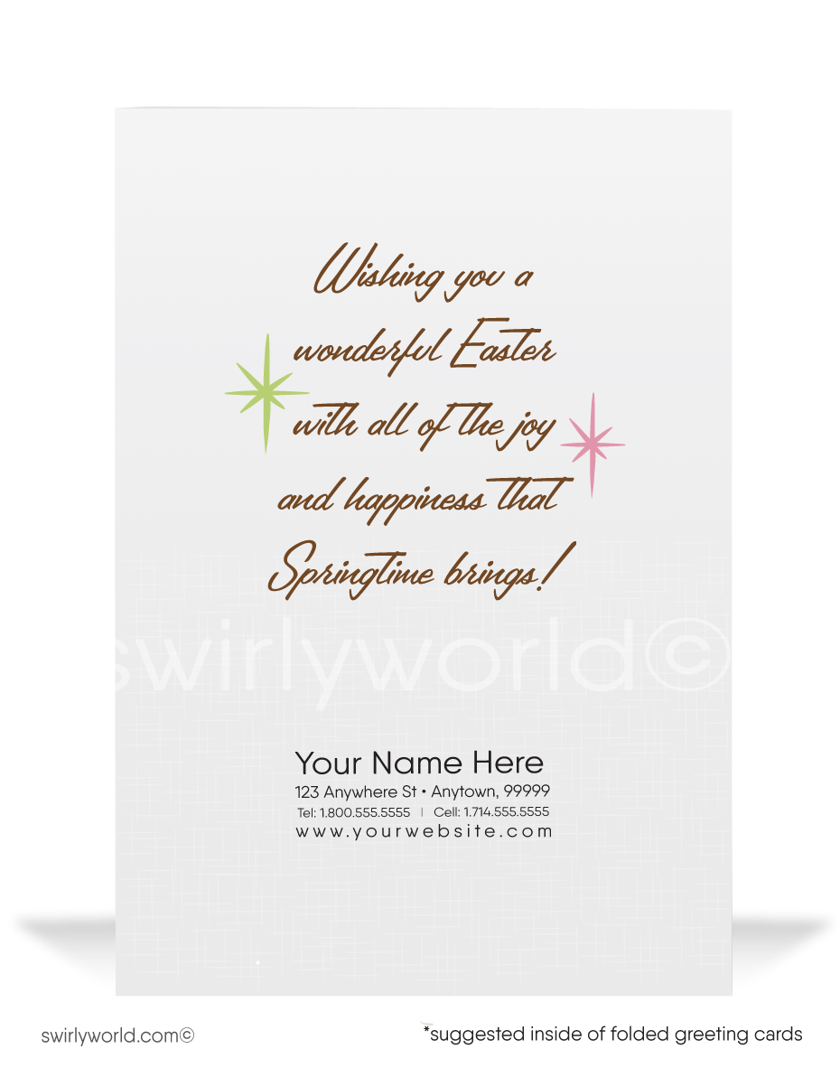 Charming vintage Easter card with a dapper bunny in his Sunday best, trotting through flowers. Retro pastel hues, atomic starbursts & MCM flair!