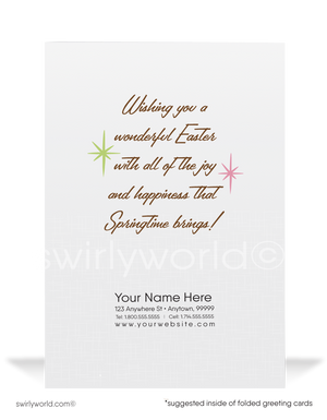 1950s-1960s mid-century retro vintage atomic kitschy kitsch bunny rabbit starburst Spring happy Easter greeting cards.