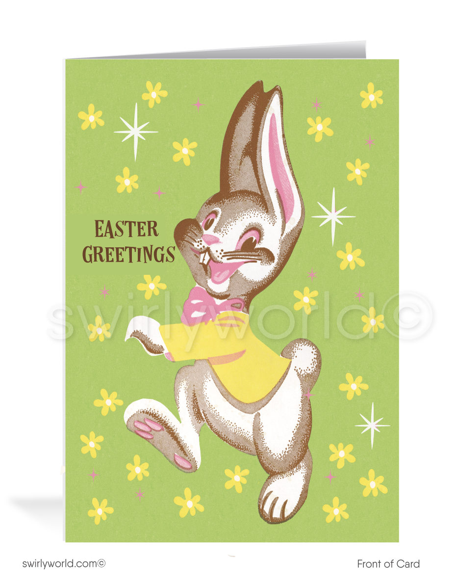 Charming vintage Easter card with a dapper bunny in his Sunday best, trotting through flowers. Retro pastel hues, atomic starbursts & MCM flair!
