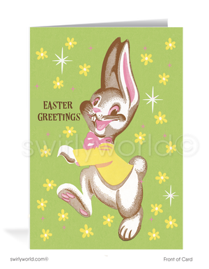 Charming vintage Easter card with a dapper bunny in his Sunday best, trotting through flowers. Retro pastel hues, atomic starbursts & MCM flair!