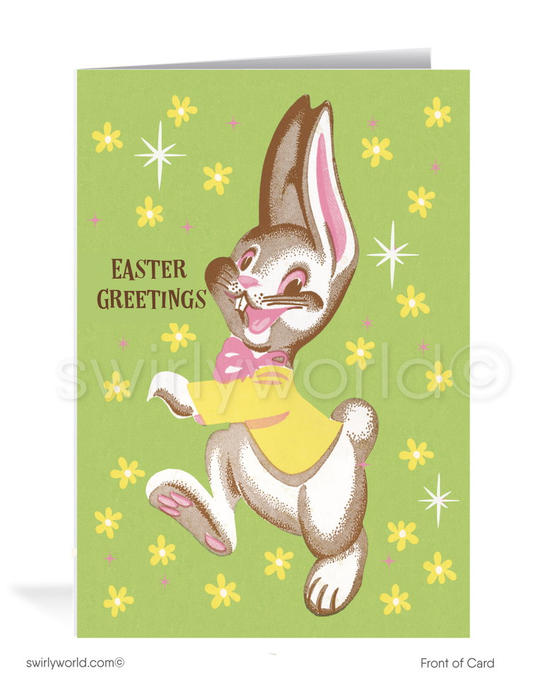 1950s-1960s mid-century retro vintage atomic kitschy kitsch bunny rabbit starburst Spring happy Easter greeting cards.