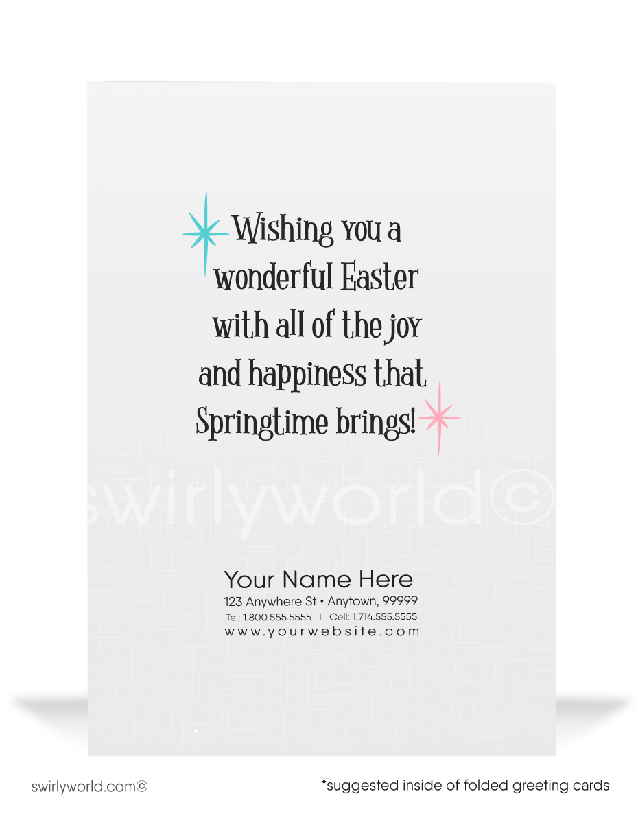 Vintage Easter Card – Dancing Bunny with Pink Ribbon, Retro MCM Atomic Design