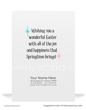 11950s-1960s mid-century mod retro vintage atomic kitschy kitsch bunny rabbit starburst Spring happy Easter greeting cards.