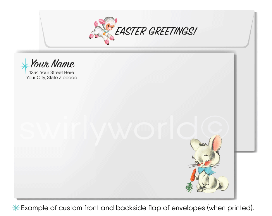 11950s-1960s mid-century mod retro vintage atomic kitschy kitsch bunny rabbit starburst Spring happy Easter greeting cards.