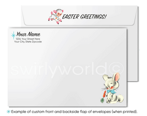 11950s-1960s mid-century mod retro vintage atomic kitschy kitsch bunny rabbit starburst Spring happy Easter greeting cards.