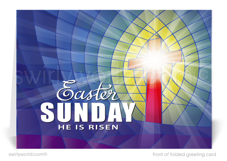 Modern contemporary religious cross stained glass Christian Catholic happy Easter Springtime greeting cards. He is Risen