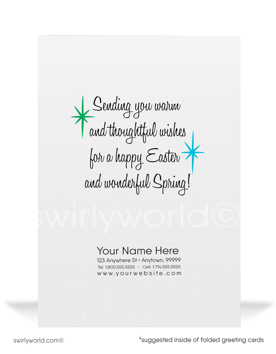 Charming vintage Easter card with a gray bunny in a top hat holding a painted egg and cane. Blue sky backdrop, atomic starbursts & classic MCM flair!