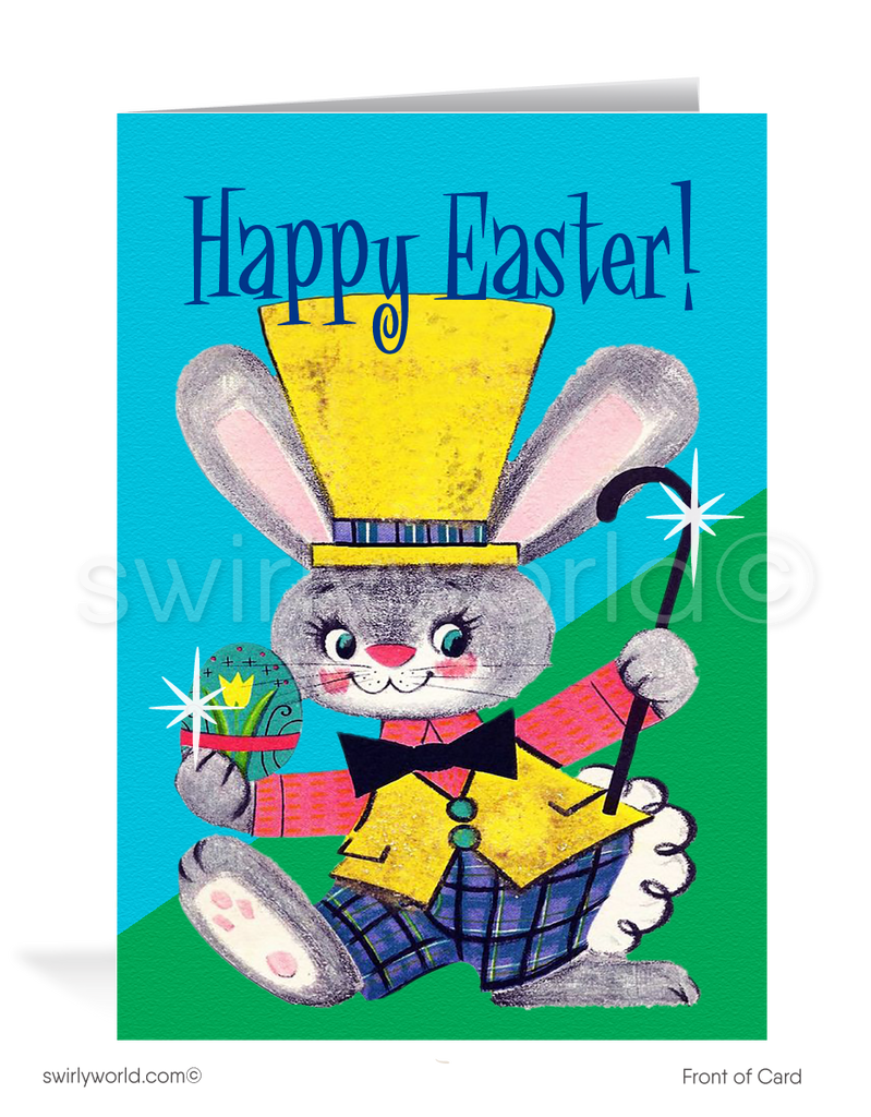 Charming vintage Easter card with a gray bunny in a top hat holding a painted egg and cane. Blue sky backdrop, atomic starbursts & classic MCM flair!