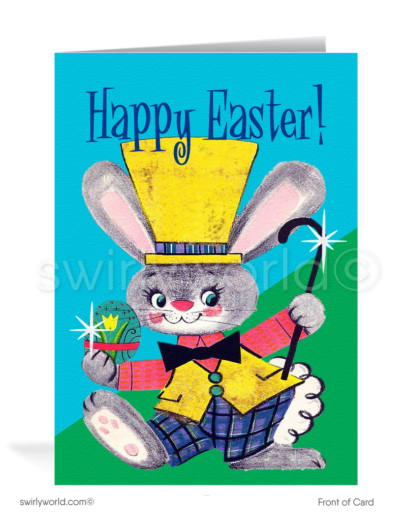 1950s-1960s atomic mid-century mod retro vintage kitschy kitsch cute boy bunny Spring happy Easter greeting cards.