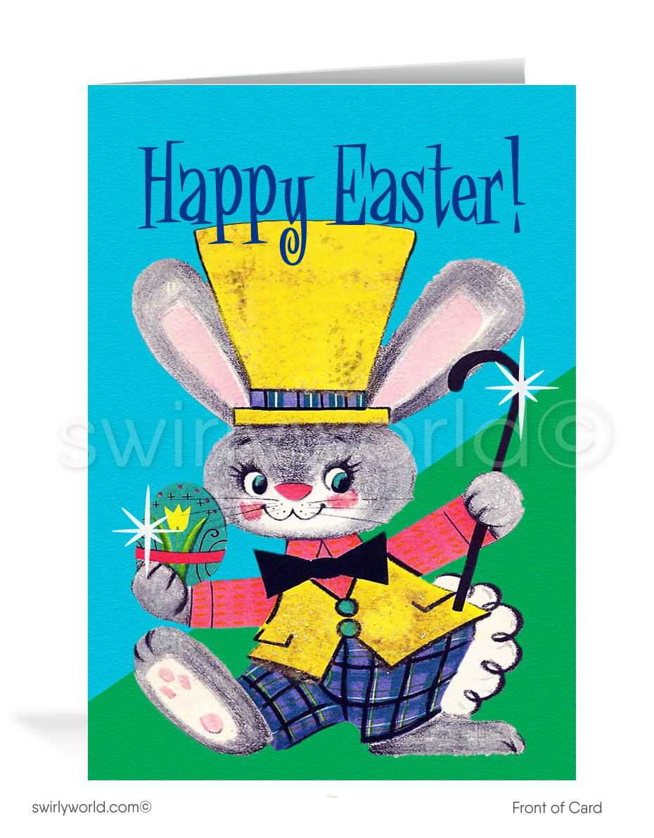 Charming vintage Easter card with a gray bunny in a top hat holding a painted egg and cane. Blue sky backdrop, atomic starbursts & classic MCM flair!