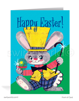 Charming vintage Easter card with a gray bunny in a top hat holding a painted egg and cane. Blue sky backdrop, atomic starbursts & classic MCM flair!