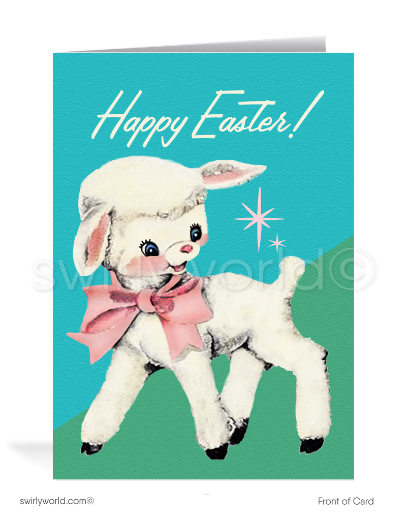 1950s-1960s mid-century retro vintage atomic kitschy kitsch baby lamb starburst Spring happy Easter greeting cards.