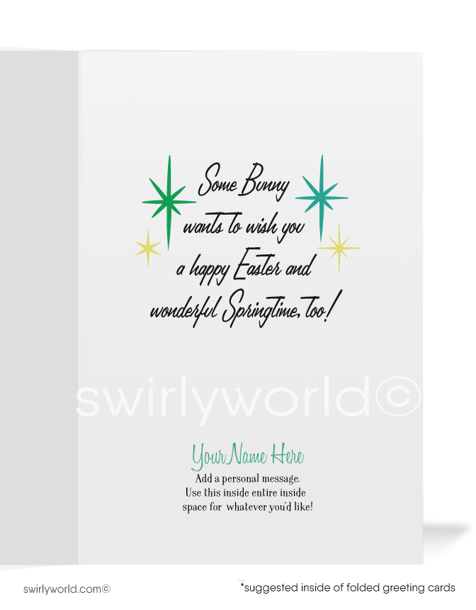 Celebrate Easter with a vintage kitschy bunny card! Featuring atomic starbursts, retro hues & mid-century charm, it's perfect for MCM lovers & collectors.greeting cards.