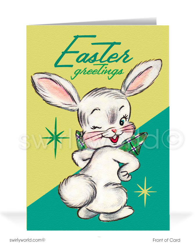 Celebrate Easter with a vintage kitschy bunny card! Featuring atomic starbursts, retro hues & mid-century charm, it's perfect for MCM lovers & collectors.greeting cards.