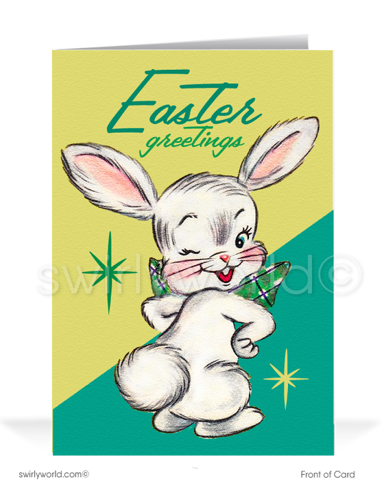 Mid-century retro atomic modern vintage kitsch bunny happy Easter greeting cards.