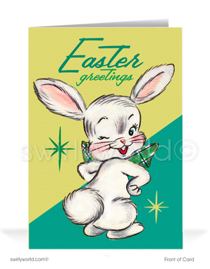 Celebrate Easter with a vintage kitschy bunny card! Featuring atomic starbursts, retro hues & mid-century charm, it's perfect for MCM lovers & collectors.greeting cards.