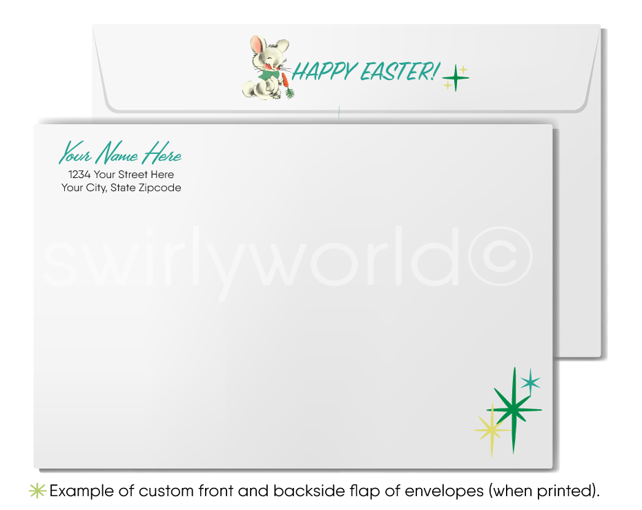 Vintage Happy Easter Greeting Card – Kitschy Bunny, Mid-Century Modern Atomic Retro