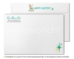 Vintage Happy Easter Greeting Card – Kitschy Bunny, Mid-Century Modern Atomic Retro