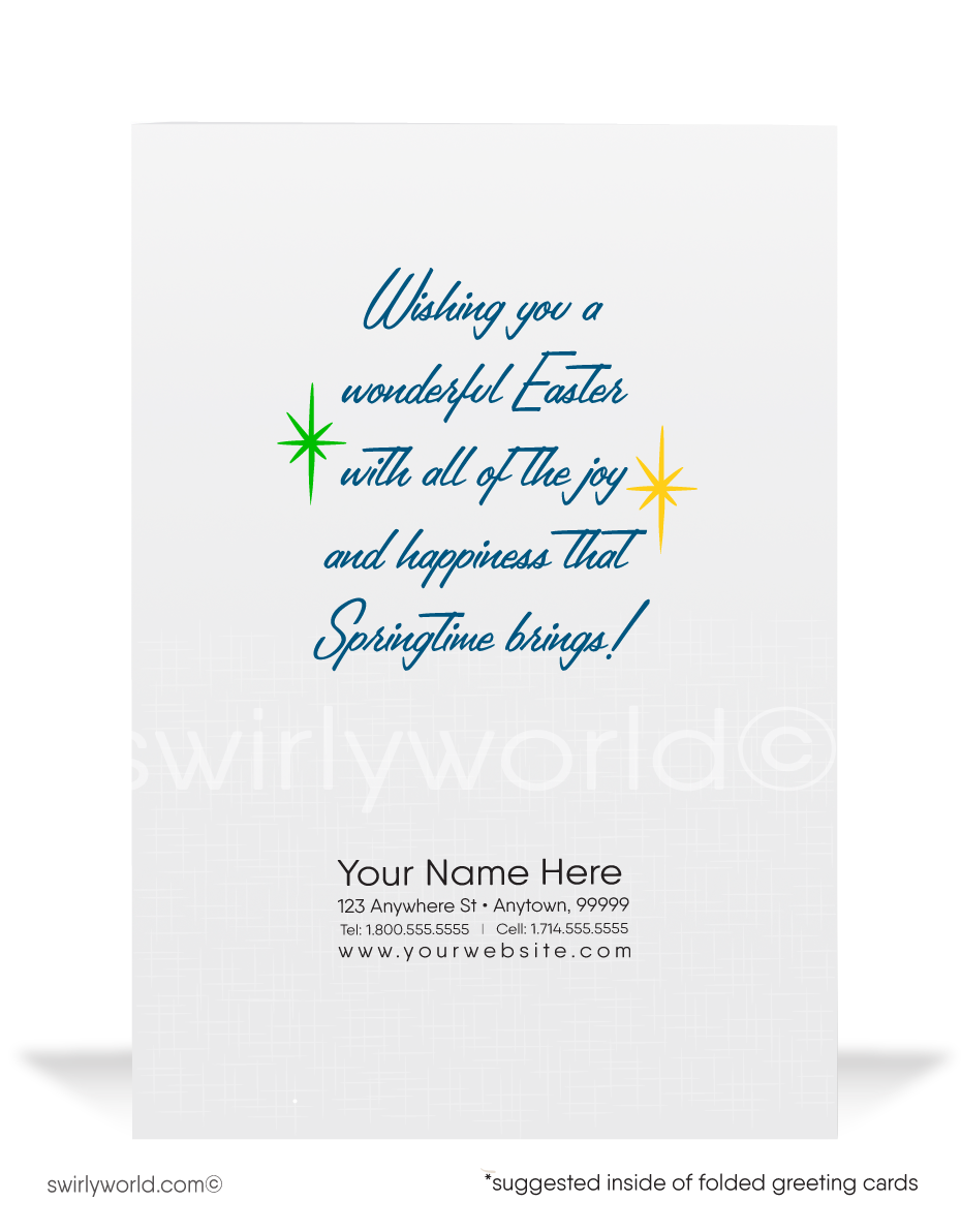 Adorable vintage Easter card with a bunny in a gingham bow carrying a cracked yellow egg—complete with a peeking chick! Retro colors & MCM springtime charm.