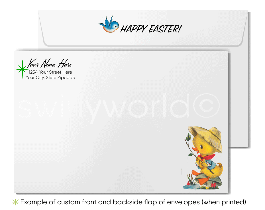 1940s-1950s mid-century retro vintage kitschy kitsch cute bunny rabbit and baby chick with flowers Spring happy Easter greeting cards.