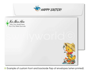 1940s-1950s mid-century retro vintage kitschy kitsch cute bunny rabbit and baby chick with flowers Spring happy Easter greeting cards.