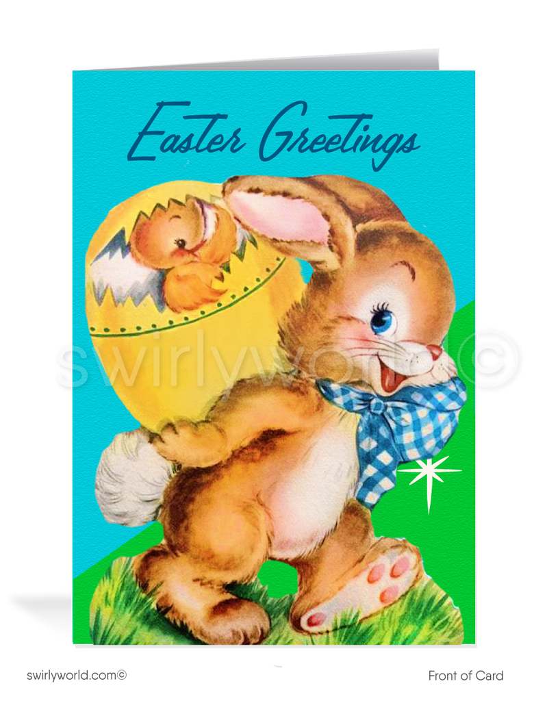 1940s-1950s mid-century retro vintage kitschy kitsch cute bunny rabbit and baby chick with flowers Spring happy Easter greeting cards.