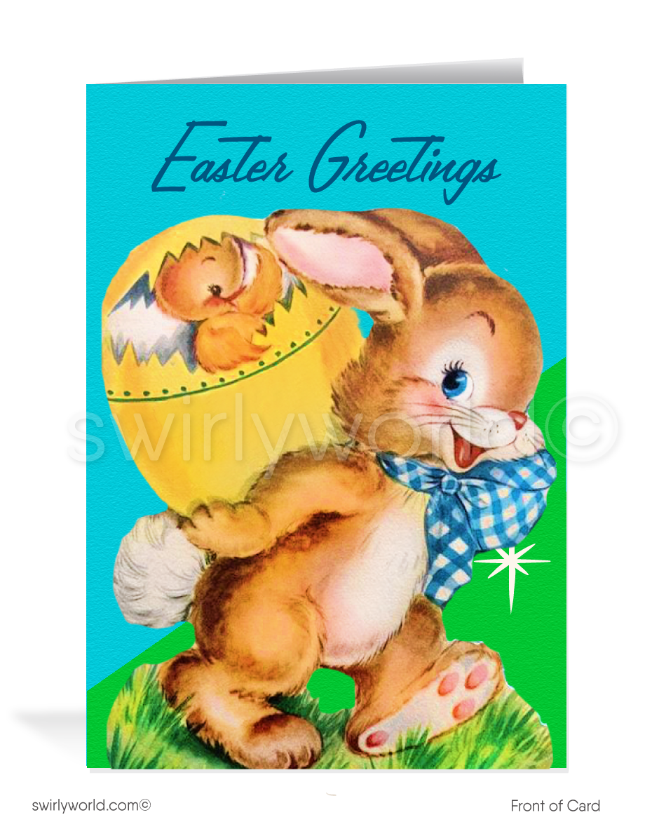 Adorable vintage Easter card with a bunny in a gingham bow carrying a cracked yellow egg—complete with a peeking chick! Retro colors & MCM springtime charm.