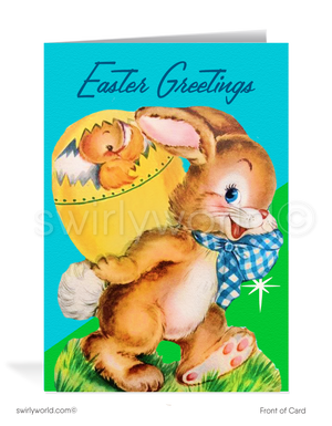 Adorable vintage Easter card with a bunny in a gingham bow carrying a cracked yellow egg—complete with a peeking chick! Retro colors & MCM springtime charm.