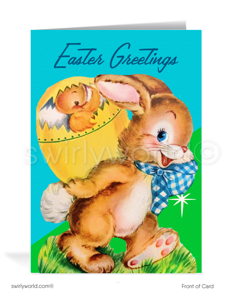 Adorable vintage Easter card with a bunny in a gingham bow carrying a cracked yellow egg—complete with a peeking chick! Retro colors & MCM springtime charm.