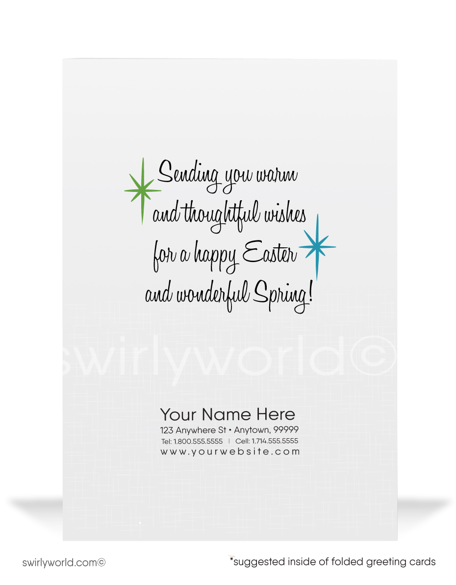 Celebrate Easter with a vintage twist! Kitschy bunny paints a pastel egg on this 1950s-style MCM card with atomic starbursts & retro charm.