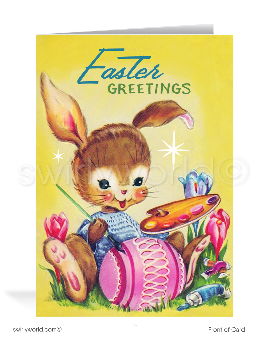 Celebrate Easter with a vintage twist! Kitschy bunny paints a pastel egg on this 1950s-style MCM card with atomic starbursts & retro charm.