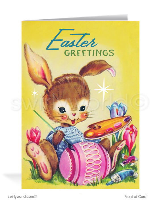 1940s-1960s atomic mid-century retro atomic modern vintage kitschy kitsch bunny rabbit decorating colored eggs happy Easter greeting cards.