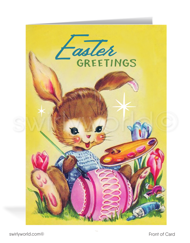 1940s-1960s atomic mid-century retro atomic modern vintage kitschy kitsch bunny rabbit decorating colored eggs happy Easter greeting cards.