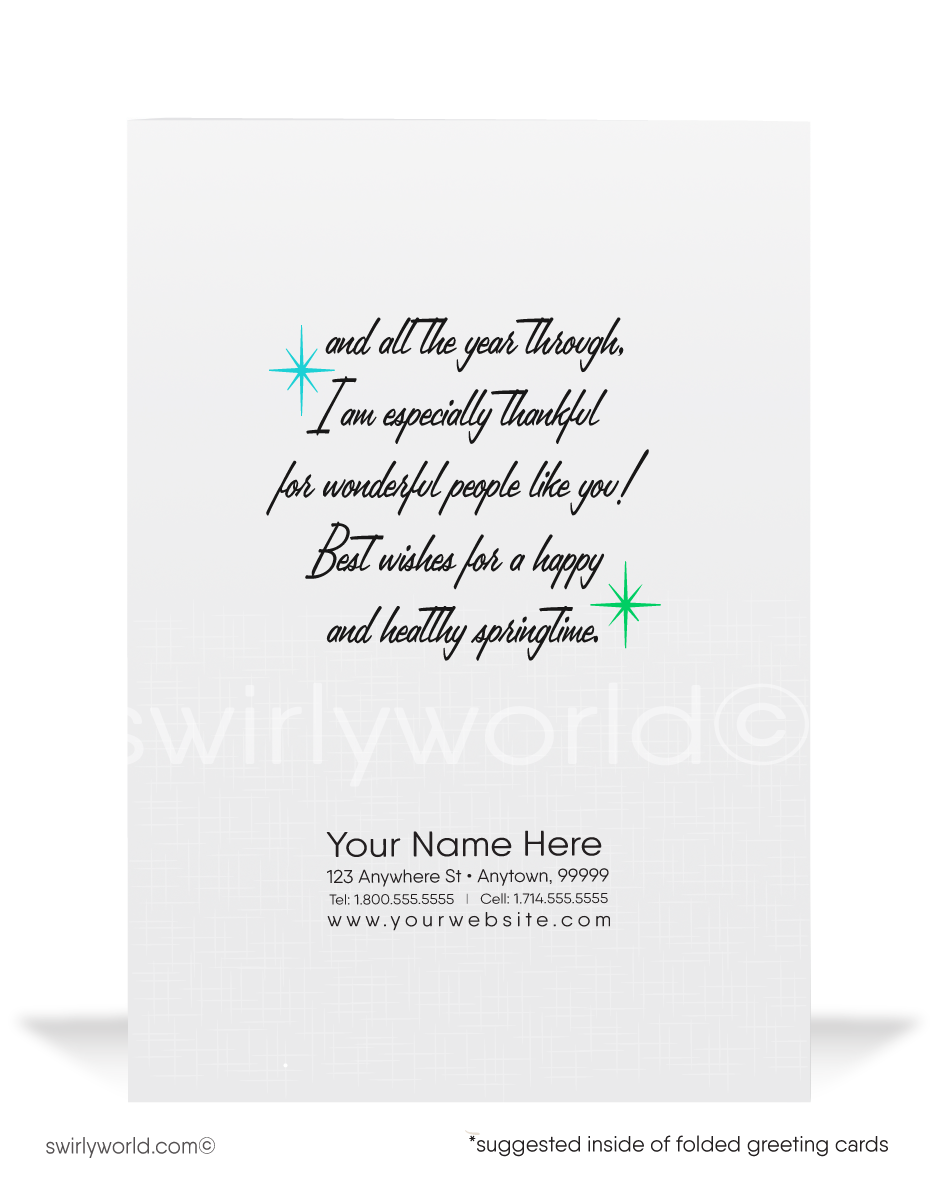 Charming vintage Easter card with a dapper brown bunny in a pin-striped suit & top hat, frolicking through flowers. Retro teal backdrop with MCM flair!