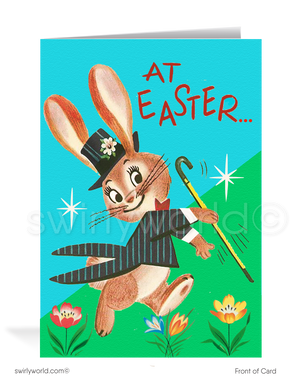 Charming vintage Easter card with a dapper brown bunny in a pin-striped suit & top hat, frolicking through flowers. Retro teal backdrop with MCM flair!