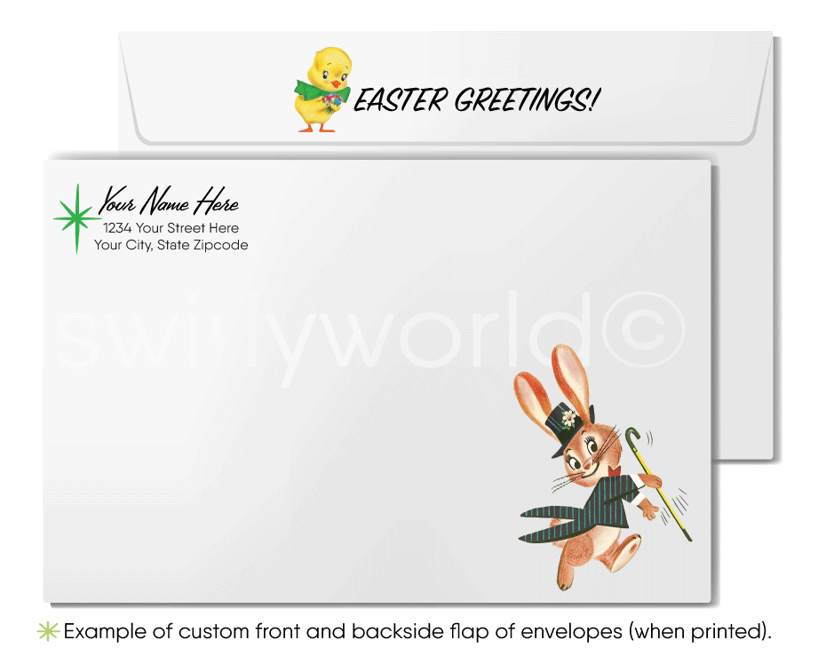 1950s-1960s mid-century retro vintage atomic kitschy kitsch rooster with basket of eggs starburst Spring happy Easter greeting cards.