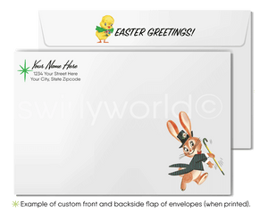 1950s-1960s mid-century retro vintage atomic kitschy kitsch rooster with basket of eggs starburst Spring happy Easter greeting cards.