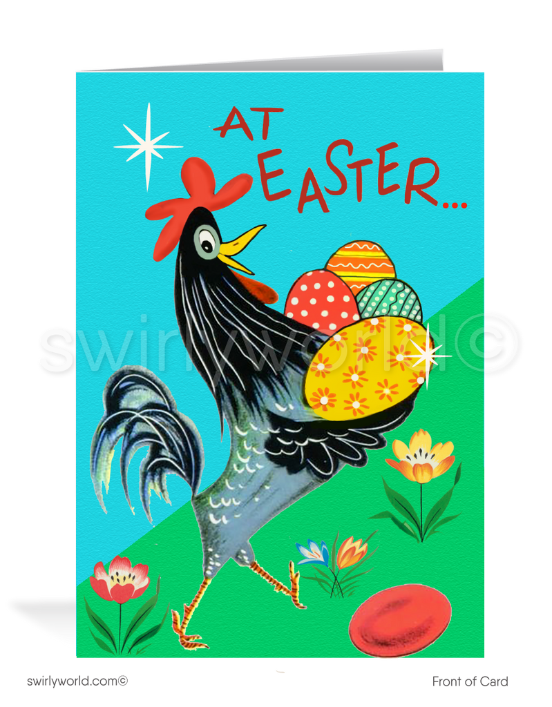 1950s-1960s mid-century retro vintage atomic kitschy kitsch rooster with basket of eggs starburst Spring happy Easter greeting cards.