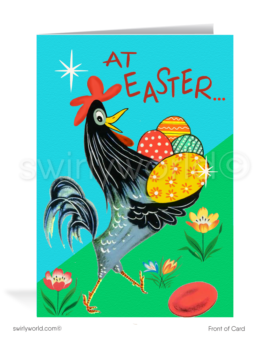 1950s-1960s mid-century retro vintage atomic kitschy kitsch rooster with basket of eggs starburst Spring happy Easter greeting cards.