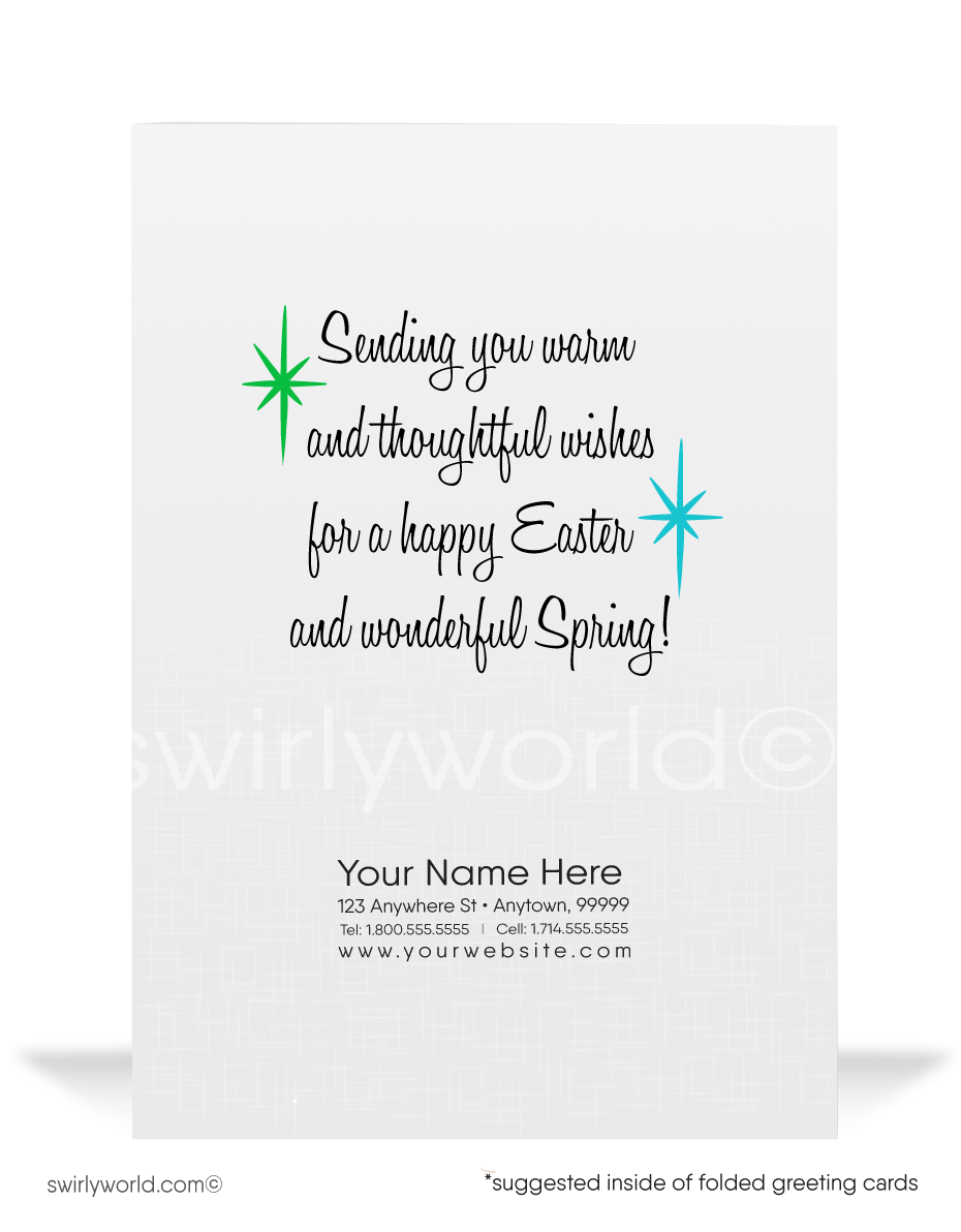 1940s-1950s mid-century retro vintage atomic kitschy kitsch bunny rabbit with baby chick Spring happy Easter greeting cards.