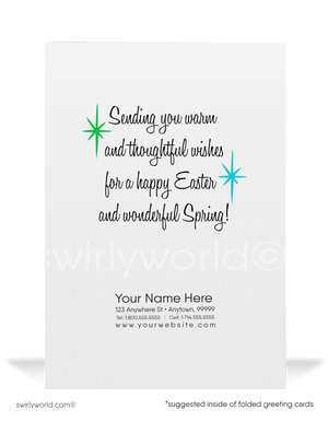 1940s-1950s mid-century retro vintage atomic kitschy kitsch bunny rabbit with baby chick Spring happy Easter greeting cards.