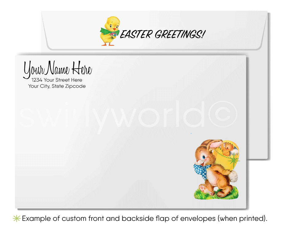 1940s-1950s mid-century retro vintage atomic kitschy kitsch bunny rabbit with basket Spring happy Easter greeting cards.