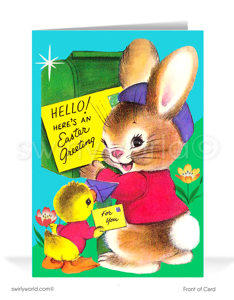1940s-1950s mid-century retro vintage atomic kitschy kitsch bunny rabbit with baby chick Spring happy Easter greeting cards.