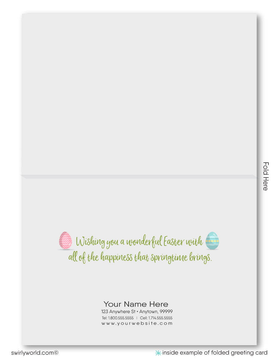 Celebrate Easter with this retro-inspired greeting card featuring a whimsical flower pot house, painted eggs, and a realtor sign—customizable for your brand.