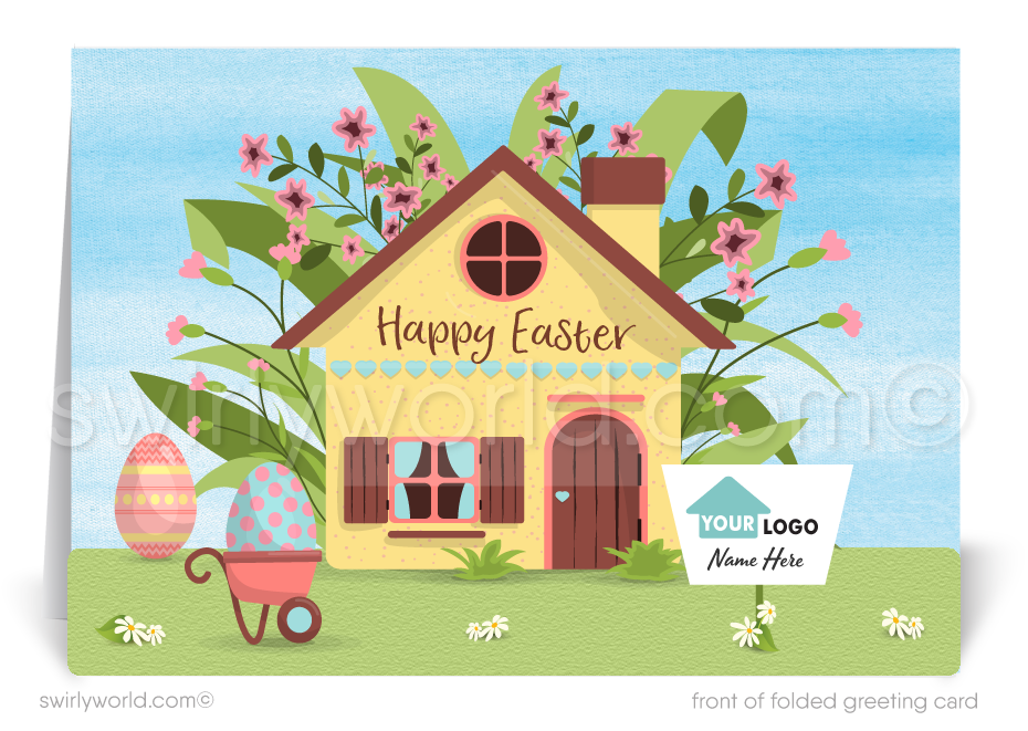  Celebrate Easter with a retro 1950s-style greeting card! Customizable design featuring a spring cottage, Easter eggs, and space for your branding. Perfect for clients!