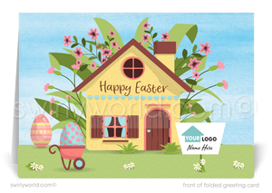  Celebrate Easter with a retro 1950s-style greeting card! Customizable design featuring a spring cottage, Easter eggs, and space for your branding. Perfect for clients!