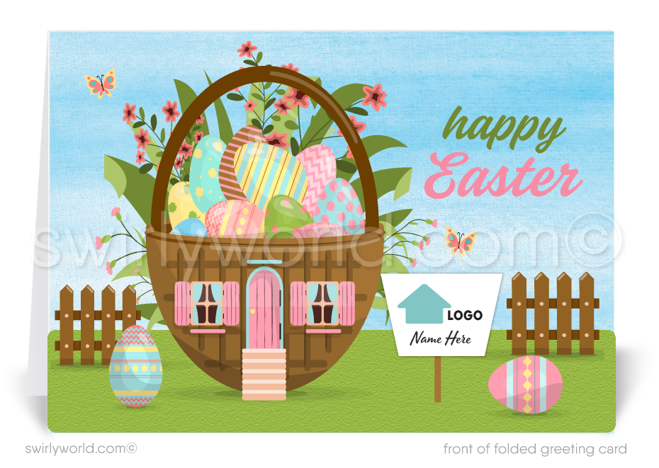 Celebrate Easter with a charming greeting card featuring a whimsical basket house, painted eggs, and a realtor sign—customizable for branding and client connections.