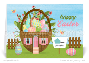 Celebrate Easter with a charming greeting card featuring a whimsical basket house, painted eggs, and a realtor sign—customizable for branding and client connections.