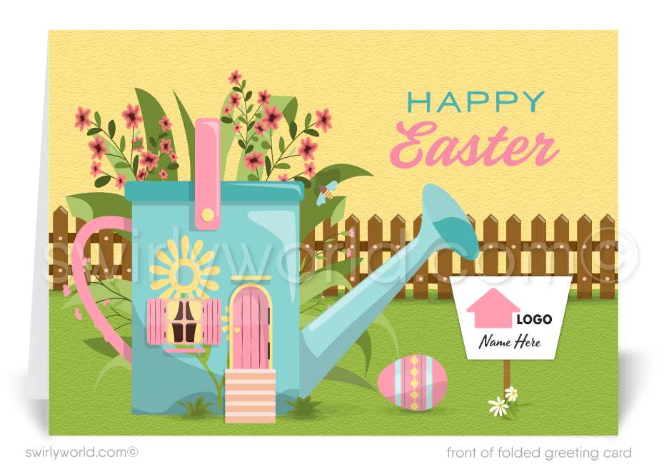 Celebrate Easter with this retro-inspired greeting card featuring a whimsical flower pot house, painted eggs, and a realtor sign—customizable for your brand.