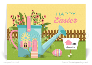 Celebrate Easter with this retro-inspired greeting card featuring a whimsical flower pot house, painted eggs, and a realtor sign—customizable for your brand.
